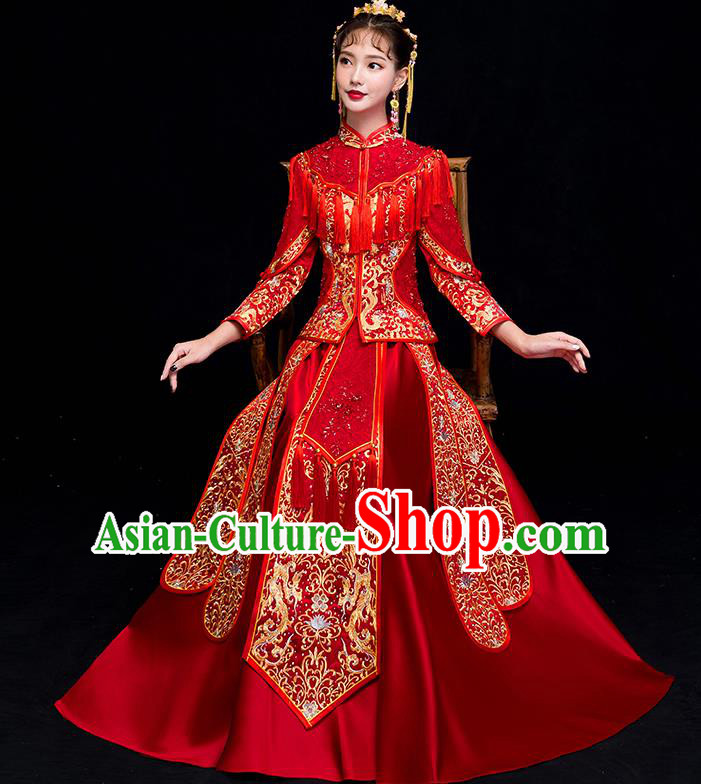 Chinese Traditional Wedding Embroidered Dress Toast Diamante Costumes Ancient Bride Xiuhe Suit Clothing for Women