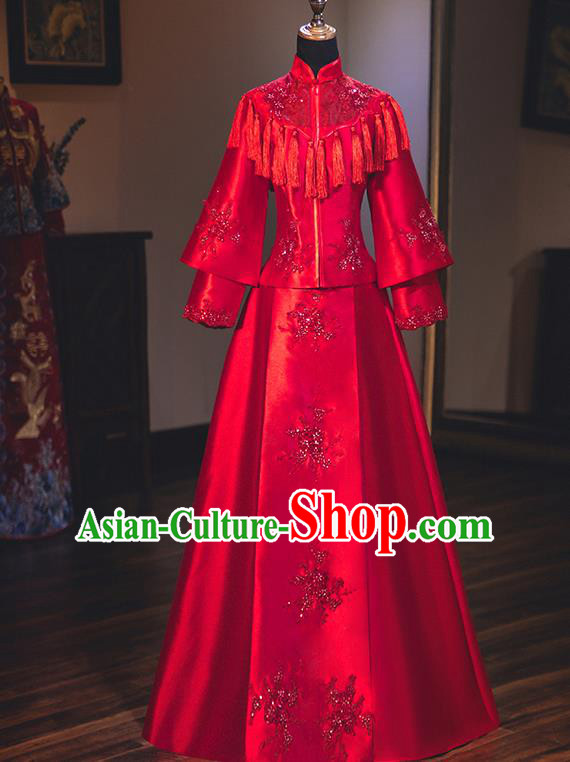 Chinese Traditional Wedding Embroidered Dress Red Bottom Drawer Ancient Bride Xiuhe Suit Costume for Women