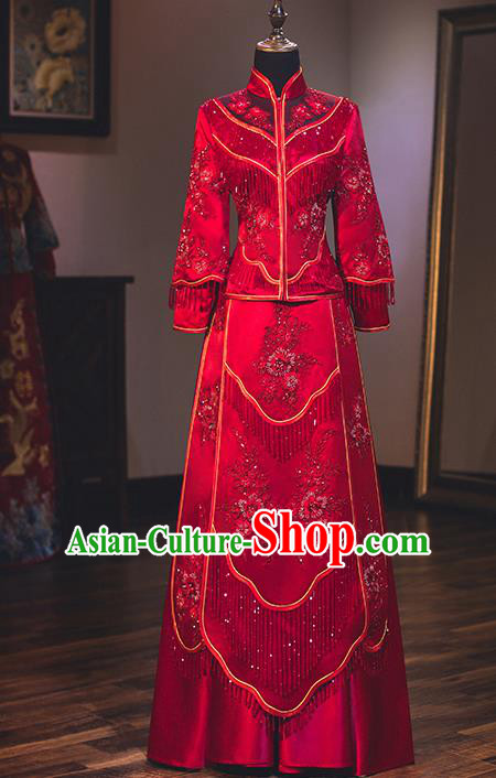 Chinese Traditional Delicate Embroidered Wedding Toast Dress Ancient Bride Longfeng Flown Xiuhe Suit for Women