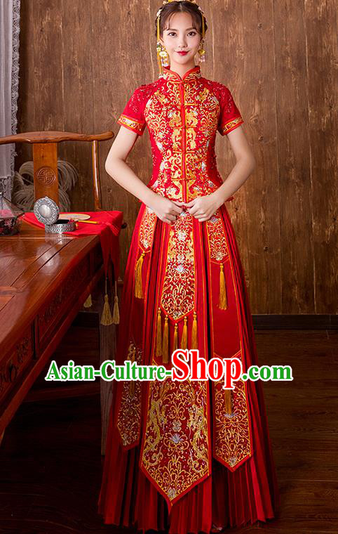 Chinese Traditional Embroidered Wedding Dress Ancient Bride Toast Longfeng Flown Xiuhe Suit for Women