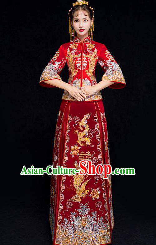 Chinese Traditional Xiuhe Suit Embroidered Wedding Dress Ancient Bride Cheongsam for Women