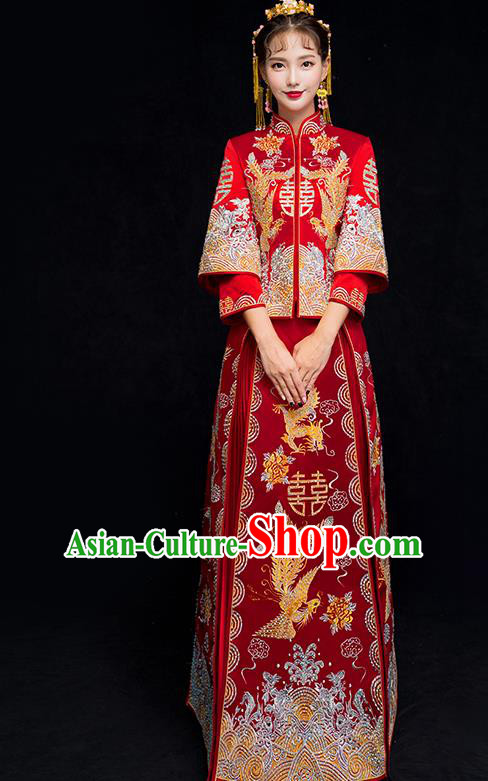 Chinese Traditional Xiuhe Suit Embroidered Wedding Dress Ancient Bride Diamante Cheongsam for Women