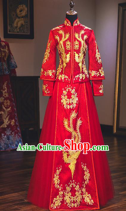 Chinese Traditional Red Wedding Dress Delicate Embroidered Phoenix Bottom Drawer Ancient Bride Xiuhe Suit Costume for Women