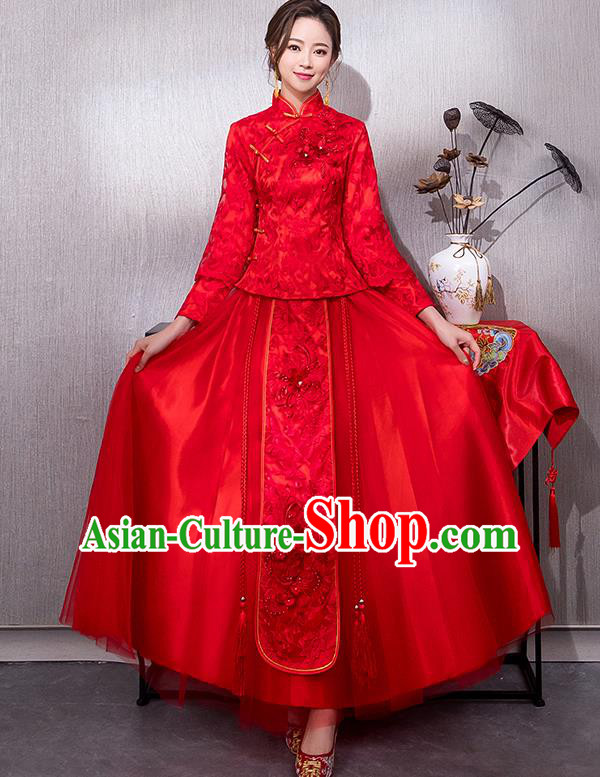 Chinese Traditional Bridal Red Xiuhe Suit Embroidered Peony Wedding Dress Ancient Bride Cheongsam for Women