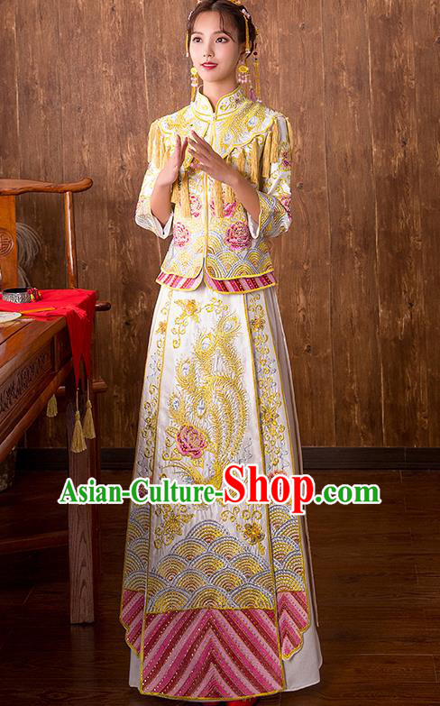 Chinese Traditional Bridal Yellow Xiuhe Suit Embroidered Peony Wedding Dress Ancient Bride Cheongsam for Women