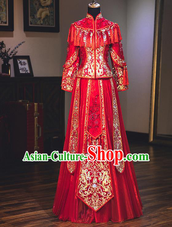 Chinese Traditional Delicate Embroidered Red Wedding Dress Ancient Bride Xiuhe Suit Costume for Women