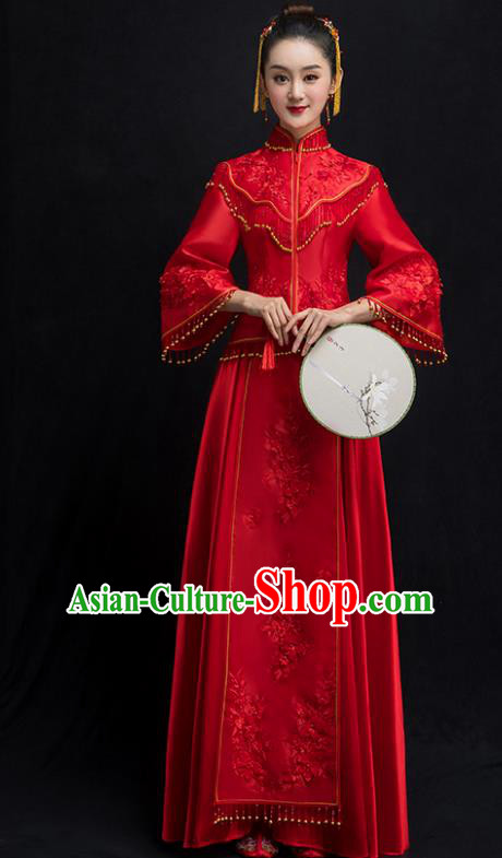 Chinese Traditional Bridal Red Embroidered Xiuhe Suit Wedding Dress Ancient Bride Cheongsam for Women