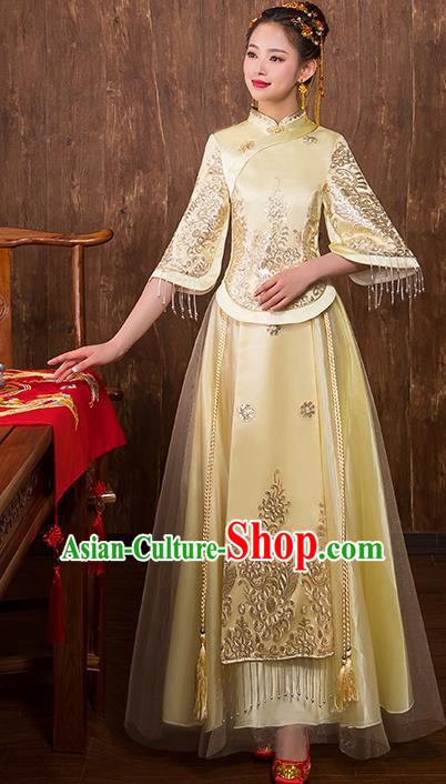 Chinese Traditional Bridal Toast Xiuhe Suit Golden Wedding Dress Ancient Bride Cheongsam for Women