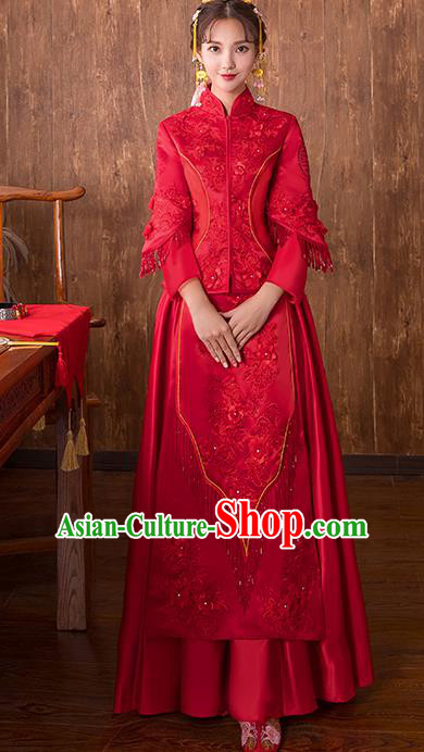 Chinese Traditional Bridal Toast Xiuhe Suit Wedding Dress Ancient Bride Embroidered Red Cheongsam for Women