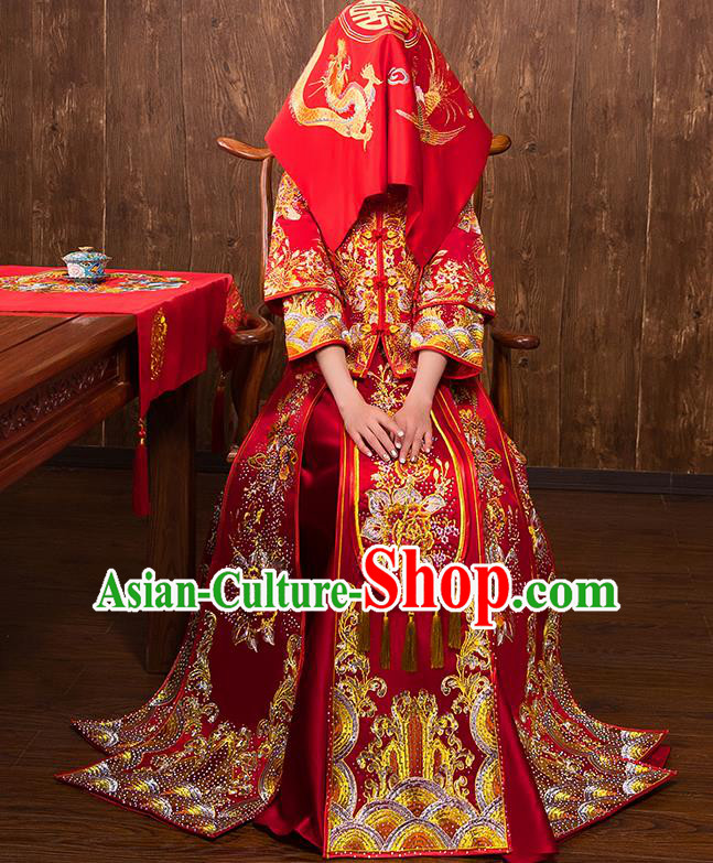 Chinese Traditional Bridal Embroidered Peony Xiuhe Suit Wedding Dress Ancient Bride Red Cheongsam for Women