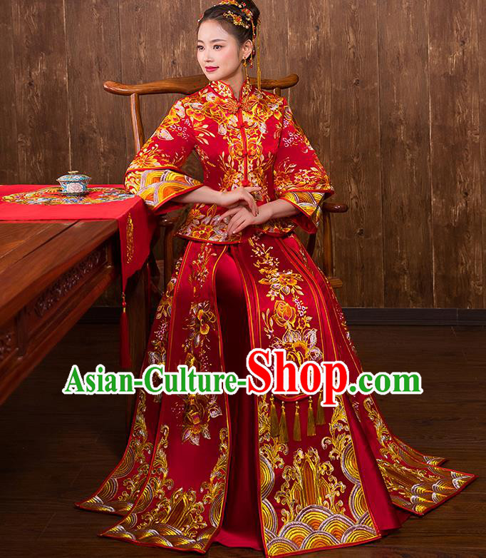 Chinese Traditional Wedding Bridal Embroidered Peony Xiuhe Suit Ancient Bride Red Cheongsam for Women