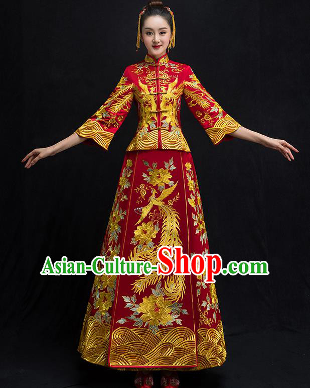 Chinese Traditional Wedding Bridal Embroidered Phoenix Xiuhe Suit Ancient Bride Red Diamante Cheongsam for Women