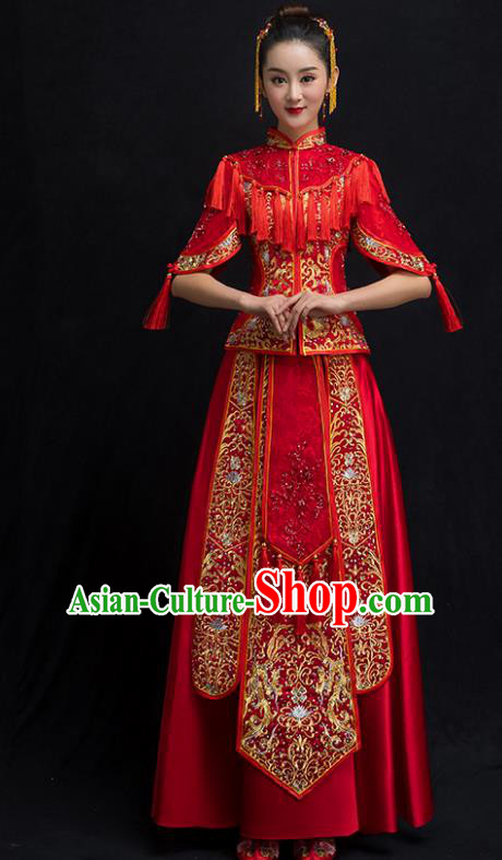 Chinese Traditional Embroidered Wedding Costume Bridal Xiuhe Suit Ancient Bride Red Cheongsam for Women