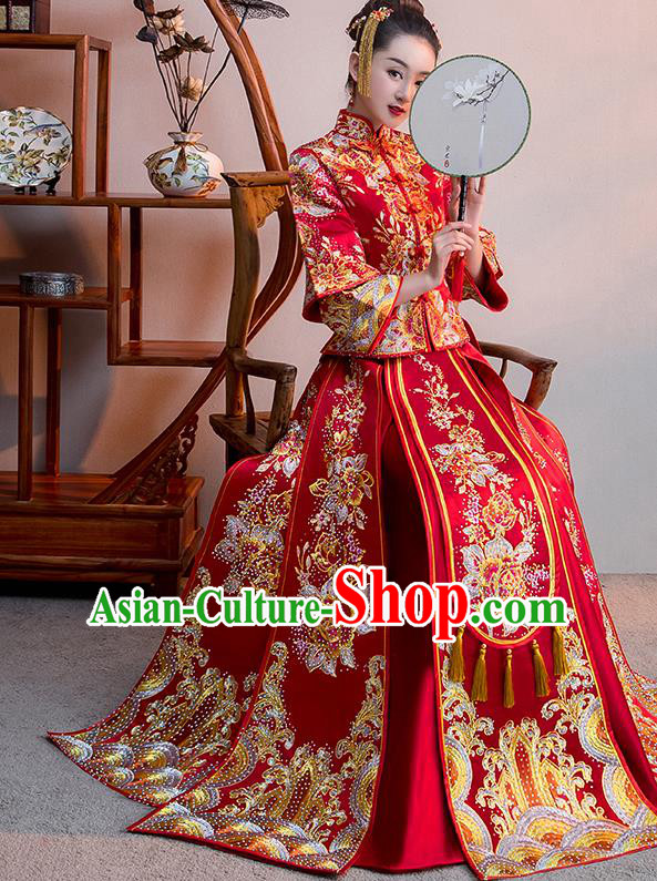 Chinese Traditional Bridal Red Xiuhe Suit Embroidered Diamante Wedding Dress Ancient Bride Cheongsam for Women