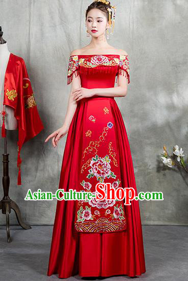 Chinese Traditional Embroidered Dress Bridal Wedding Xiuhe Suit Ancient Toast Cheongsam for Women