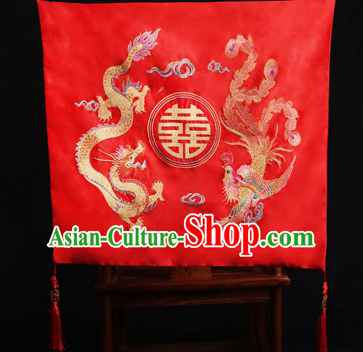 Chinese Traditional Wedding Embroidered Dragon and Phoenix Head Cover Ancient Bride Red Bridal Veil for Women