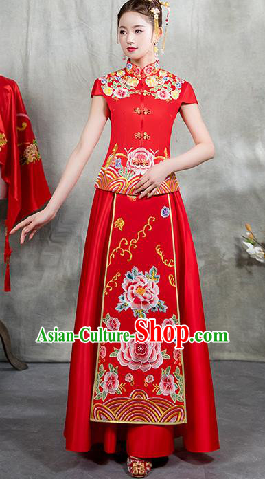 Chinese Traditional Embroidered Peony Bridal Red Xiuhe Suit Ancient Wedding Toast Cheongsam Dress for Women