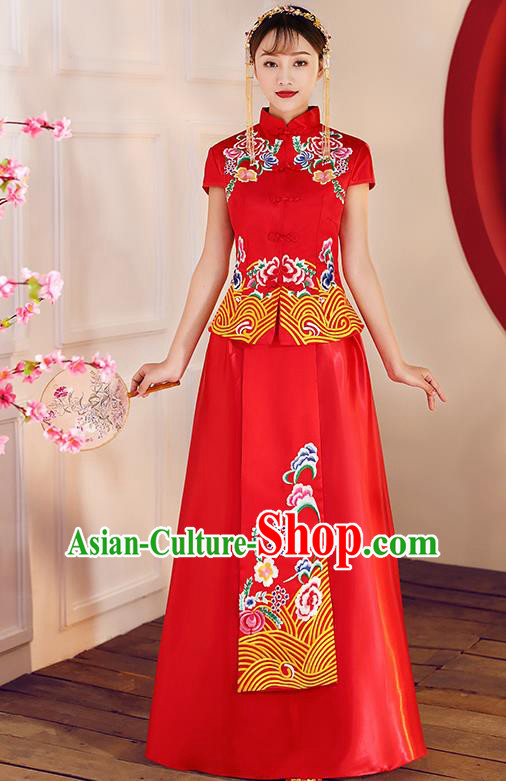 Chinese Traditional Embroidered Red Xiuhe Suit Ancient Wedding Toast Cheongsam Dress for Women