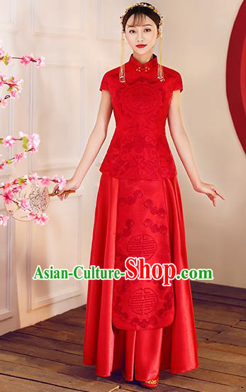 Chinese Traditional Embroidered Xiuhe Suit Ancient Wedding Short Sleeve Red Toast Cheongsam Dress for Women
