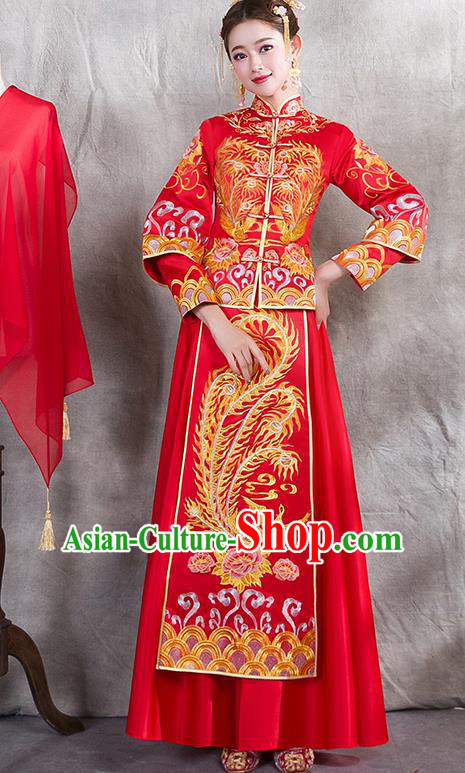 Chinese Traditional Embroidered Phoenix Xiuhe Suit Ancient Wedding Red Dress Toast Cheongsam for Women