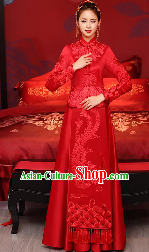 Traditional Chinese Toast Cheongsam Ancient Embroidered Phoenix Red Bottom Drawer Xiuhe Suit Wedding Dress for Women