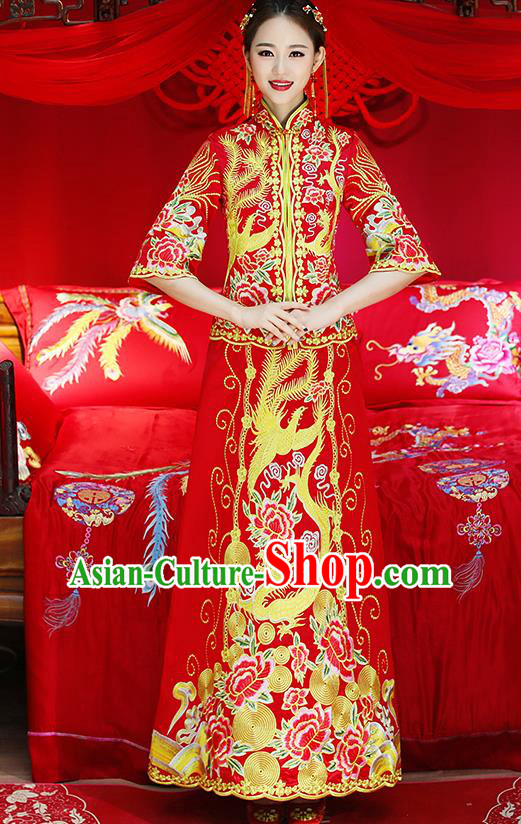 Traditional Chinese Toast Cheongsam Ancient Embroidered Dragon Phoenix Bottom Drawer Xiuhe Suit Wedding Dress for Women