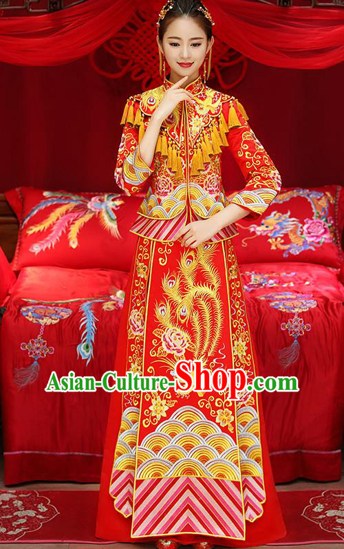 Chinese Traditional Red Toast Cheongsam Ancient Embroidered Phoenix Bottom Drawer Xiuhe Suit Wedding Dress for Women