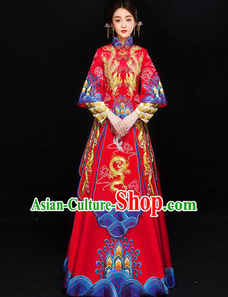 Chinese Traditional Xiuhe Suit Embroidered Longfeng Flown Ancient Bottom Drawer Wedding Dress for Women