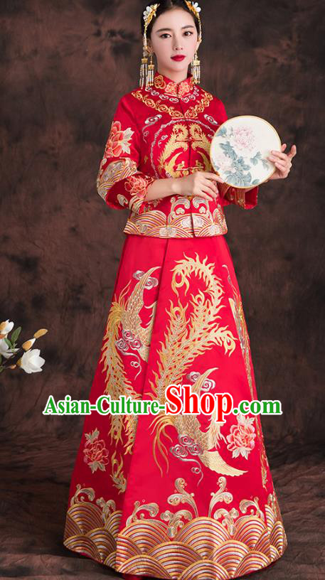 Chinese Traditional Embroidered Phoenix Xiuhe Suit Longfeng Flown Ancient Bottom Drawer Wedding Dress for Women