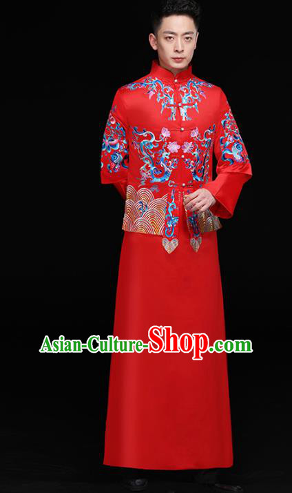 Chinese Traditional Bridegroom Embroidered Dragons Costume Ancient Tang Suit Red Clothing for Men