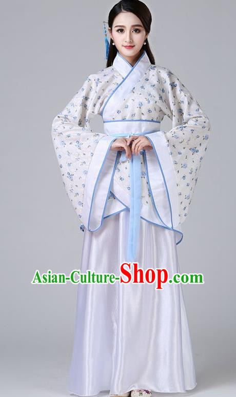 Chinese Ancient Drama Han Dynasty Princess Embroidered White Hanfu Dress for Women
