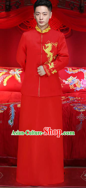Chinese Traditional Bridegroom Embroidered Golden Dragons Costume Ancient Tang Suit Red Clothing for Men