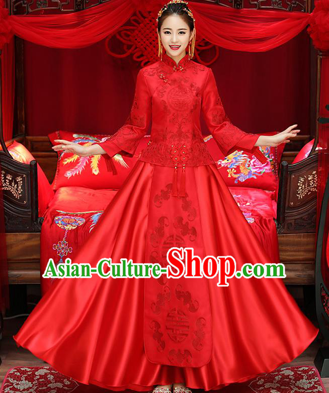 Chinese Traditional Xiuhe Suit Red Toast Cheongsam Ancient Embroidered Phoenix Bottom Drawer Wedding Dress for Women