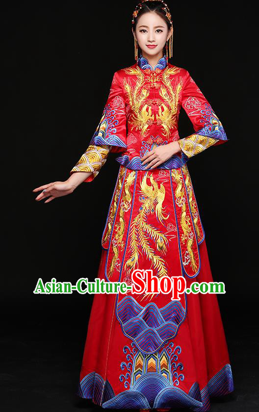 Chinese Traditional Embroidered Xiuhe Suit Ancient Phoenix Bottom Drawer Wedding Dress for Women