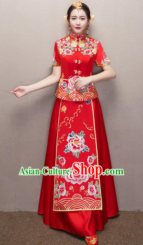 Chinese Traditional Xiuhe Suit Embroidered Peony Longfeng Flown Ancient Wedding Dress for Women