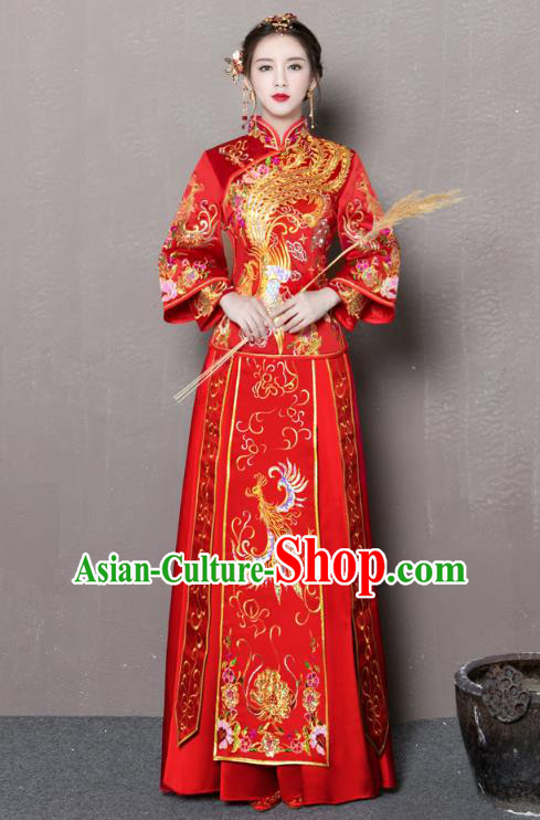 Chinese Traditional Xiuhe Suit Embroidered Phoenix Longfeng Flown Ancient Wedding Dress for Women