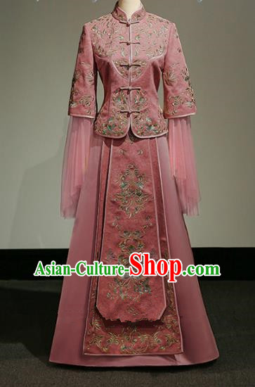 Chinese Traditional Wedding Xiuhe Suit Ancient Longfeng Flown Bride Embroidered Pink Cheongsam Dress for Women