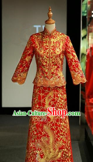 Chinese Traditional Wedding Xiuhe Suit Ancient Longfeng Flown Bride Embroidered Cheongsam Dress for Women