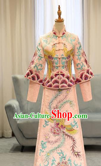 Chinese Traditional Bride Pink Xiuhe Suit Ancient Longfeng Flown Embroidered Phoenix Wedding Cheongsam Dress for Women