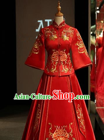 Chinese Traditional Bride Xiuhe Suit Ancient Longfeng Flown Embroidered Peony Wedding Cheongsam Dress for Women