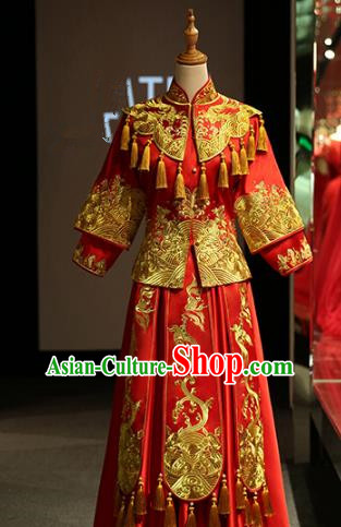 Chinese Traditional Bride Xiuhe Suit Ancient Wedding Longfeng Flown Embroidered Cheongsam Dress for Women