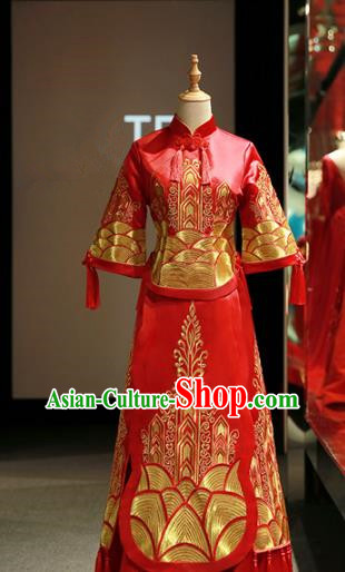 Chinese Traditional Bride Embroidered Cheongsam Red Xiuhe Suit Ancient Wedding Longfeng Flown Dress for Women