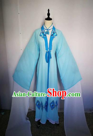Chinese Traditional Peking Opera Actress Blue Dress Beijing Opera Buddhist Nun Embroidered Costumes for Adults