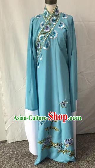Chinese Traditional Beijing Opera Niche Embroidered Peony Blue Robe Peking Opera Young Men Costume for Adults