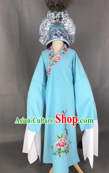 Chinese Traditional Beijing Opera Children Blue Robe Peking Opera Niche Costume and Hat for Kids