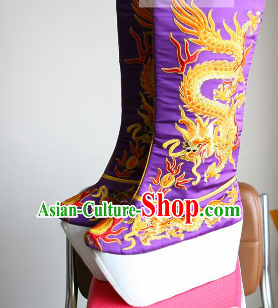 Chinese Traditional Beijing Opera Emperor Shoes Beijing Opera Takefu Purple Embroidered Boots for Men