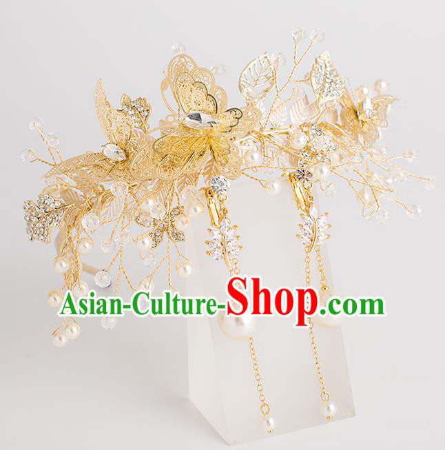 Top Grade Bride Wedding Hair Accessories Golden Butterfly Pearls Hair Clasp for Women
