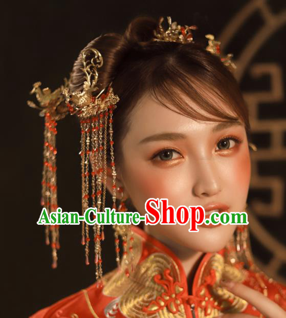 Chinese Ancient Golden Tassel Step Shake Wedding Hair Accessories Traditional Phoenix Hairpins for Women