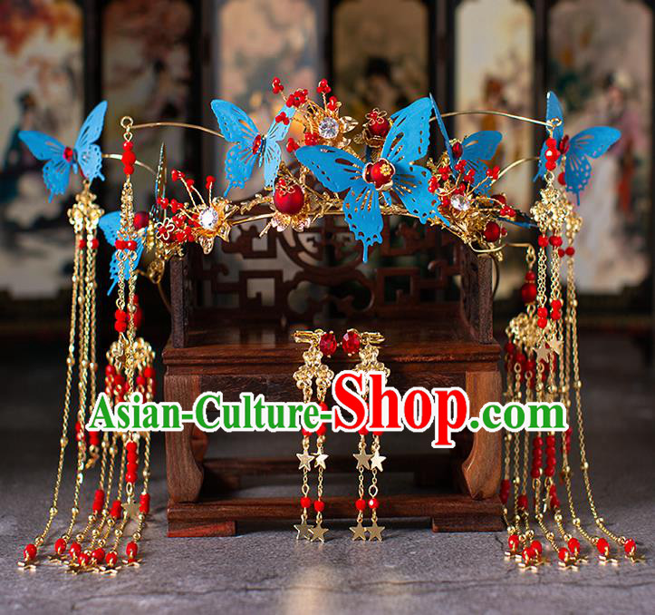 Chinese Ancient Wedding Blue Butterfly Phoenix Coronet Hair Accessories Traditional Hairpins for Women