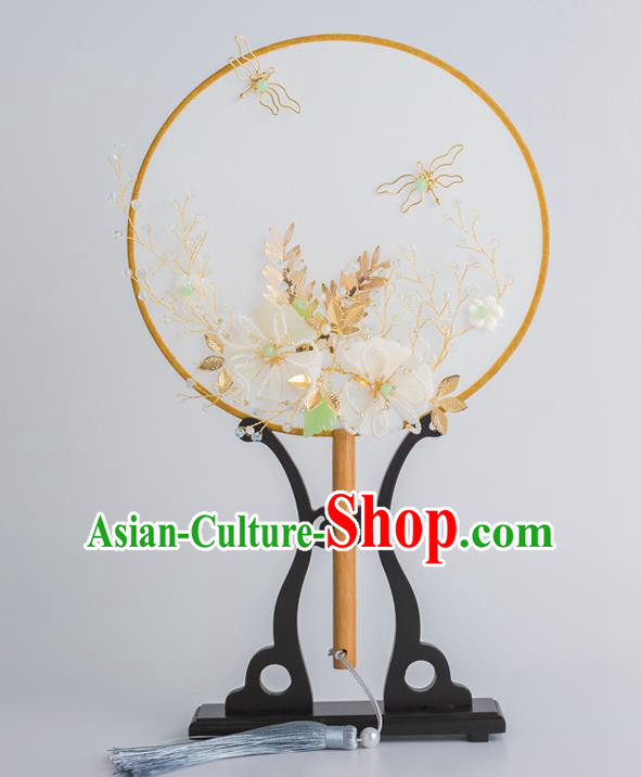 Chinese Traditional Palace Fans Ancient Bride Wedding White Silk Flower Round Fans for Women